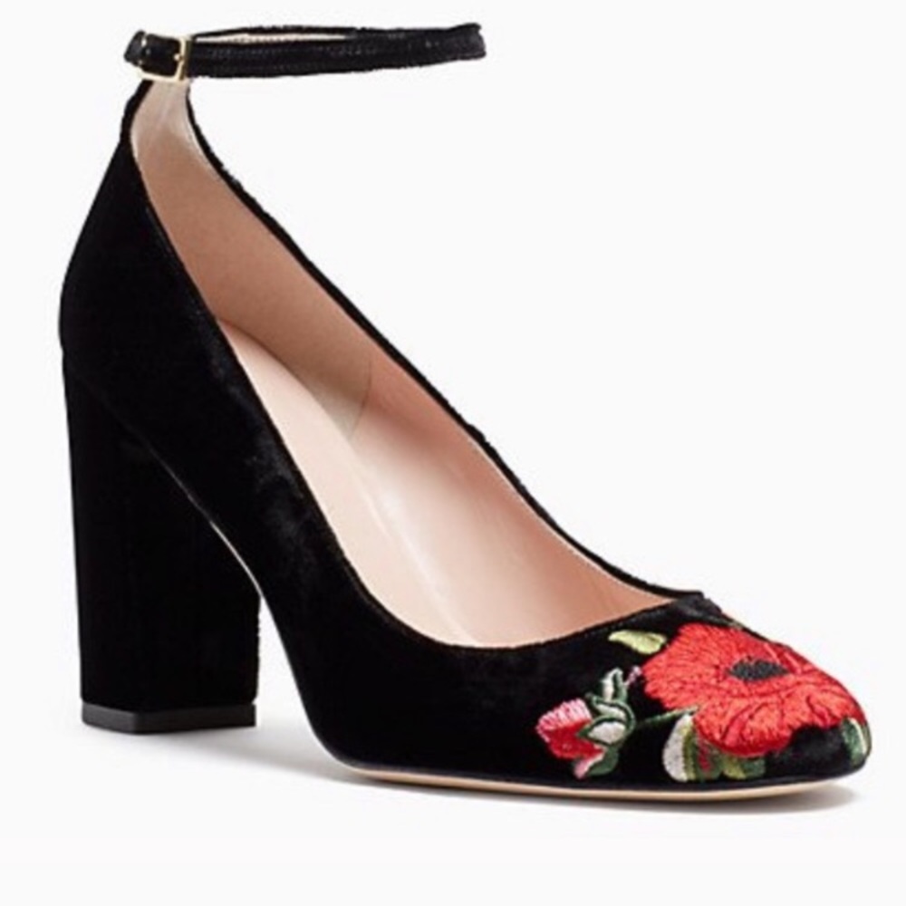 Kate Spade Black Suede Red Rose Heels